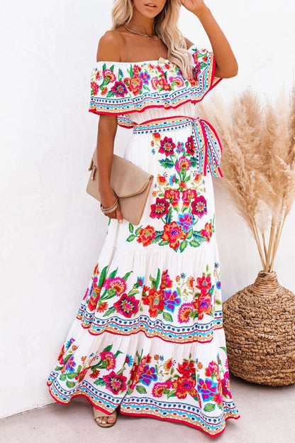 Women's Off-Shoulder Maxi Dress - Floral Print - Ruffled Overlay - Belted Waist