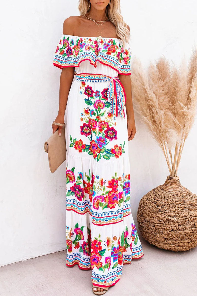 Women's Off-Shoulder Maxi Dress - Floral Print - Ruffled Overlay - Belted Waist