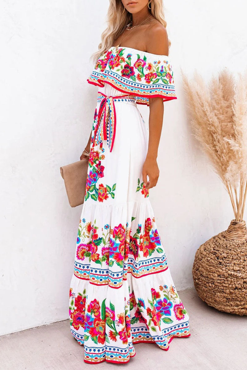 Women's Off-Shoulder Maxi Dress - Floral Print - Ruffled Overlay - Belted Waist