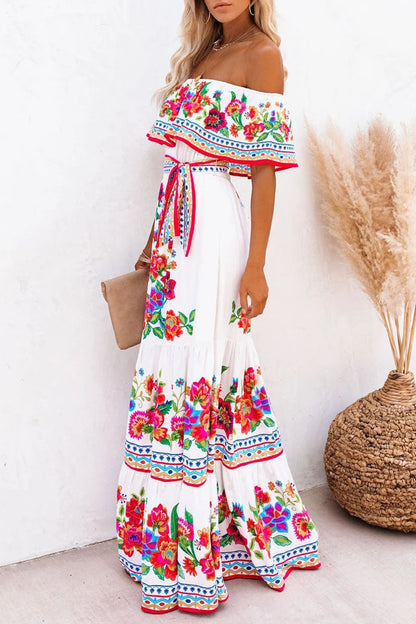 Women's Off-Shoulder Maxi Dress - Floral Print - Ruffled Overlay - Belted Waist