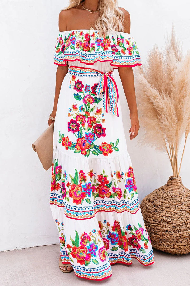 Women's Off-Shoulder Maxi Dress - Floral Print - Ruffled Overlay - Belted Waist