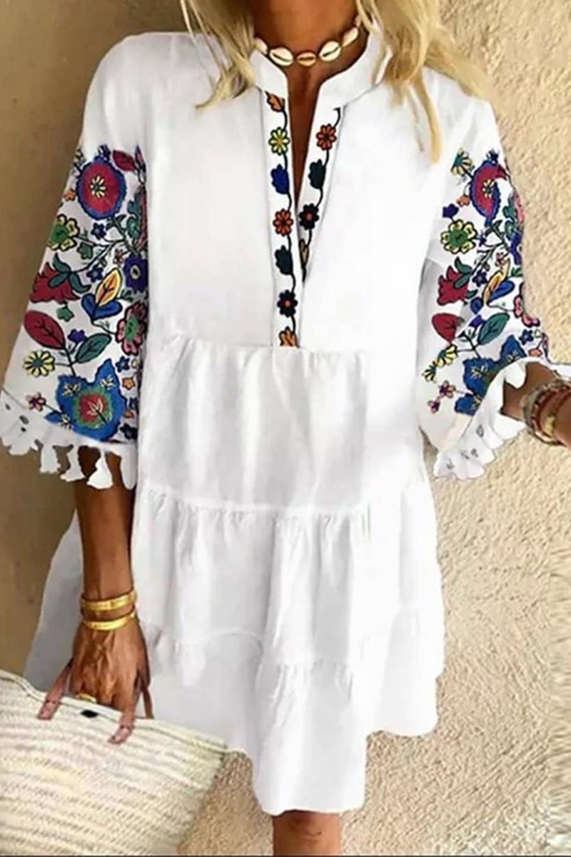 Women's Tunic Dress - Tiered Loose Fit - Embroidered Floral Sleeves - Notched Collar