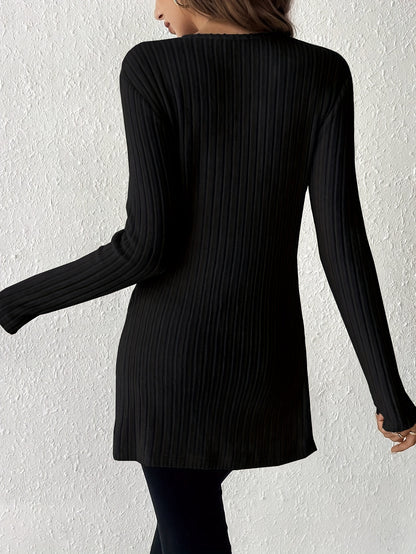 Solid color v-neck striped split-side t-shirt for women