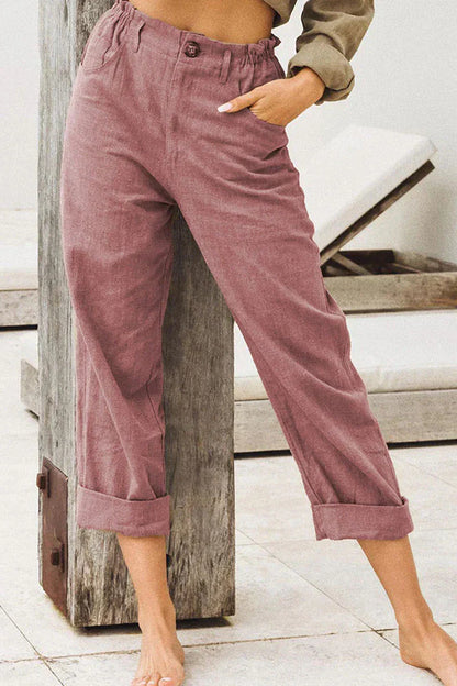 Women's High-Waisted Trousers - Relaxed Fit - Lightweight Linen Blend - Pleated Waist