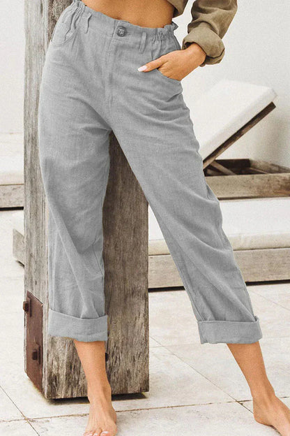 Women's High-Waisted Trousers - Relaxed Fit - Lightweight Linen Blend - Pleated Waist