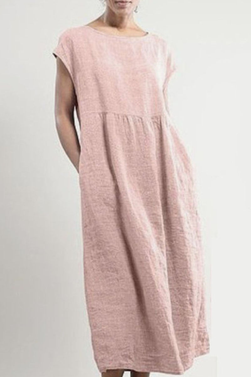 Women's Linen Midi Dress - Loose Fit - Short Sleeve - Lightweight & Breathable