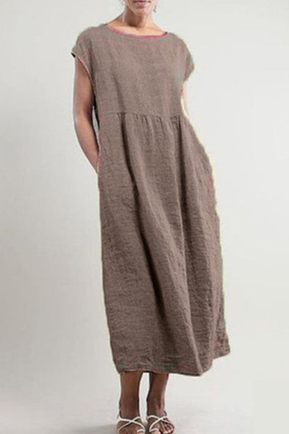 Women's Linen Midi Dress - Loose Fit - Short Sleeve - Lightweight & Breathable