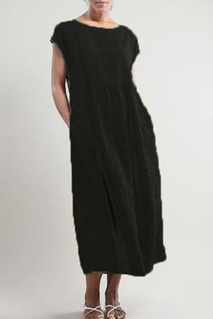 Women's Linen Midi Dress - Loose Fit - Short Sleeve - Lightweight & Breathable
