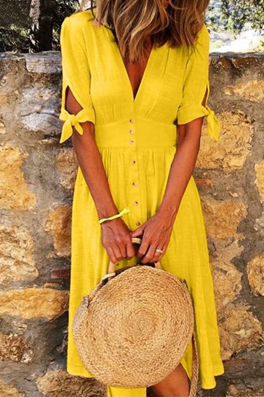 Breathable Button-Down Midi Dress With Tie Cuffs