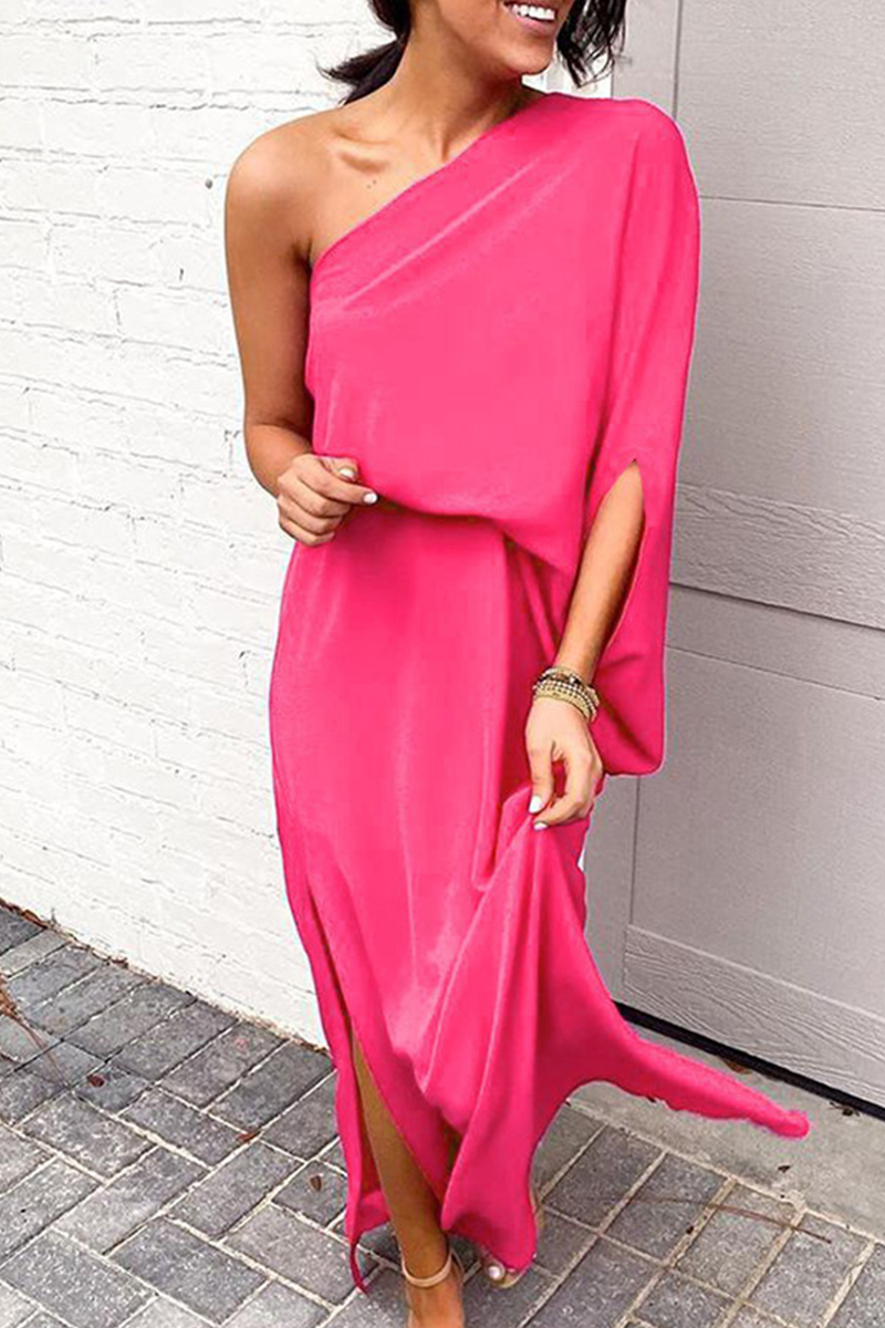 Women's One-Shoulder Maxi Dress - Elegant Flowing Fit - Long Sleeve with Side Slit