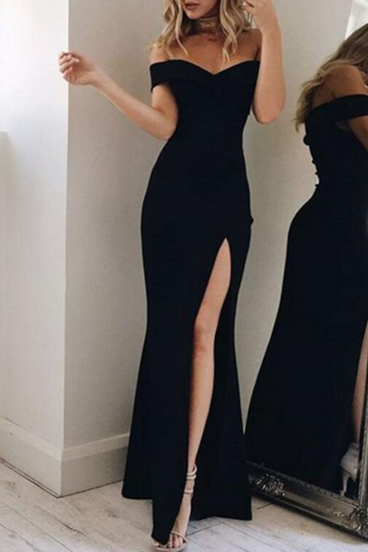 Women's Off-Shoulder Evening Gown - Floor-Length - High Slit - Elegant Formal Wear