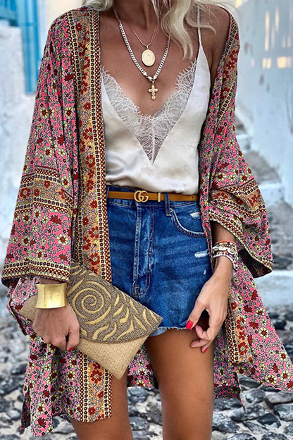 Women's Kimono Cardigan - Lightweight Bohemian Print - Flowy Wide Sleeve Layer