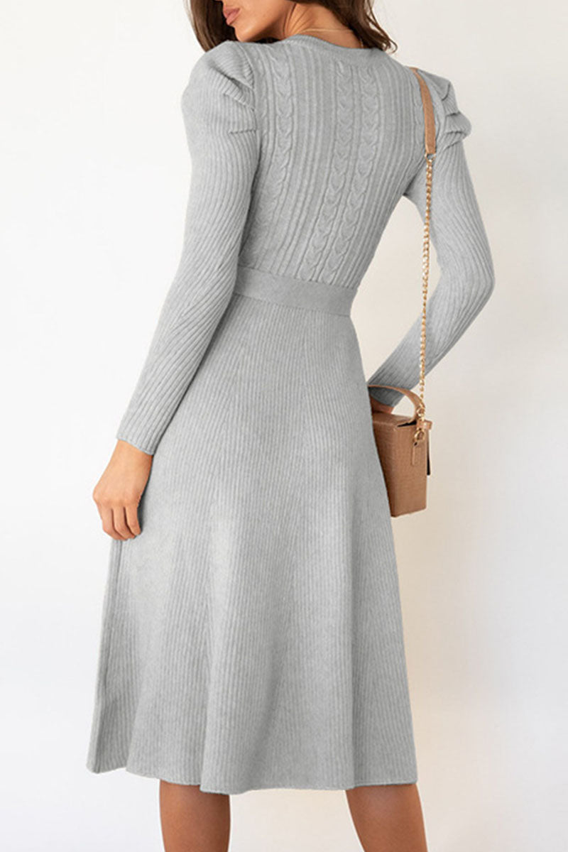 Women's Knit Midi Dress - Ribbed Fabric - Long Sleeve - Waist Tie Flared Silhouette