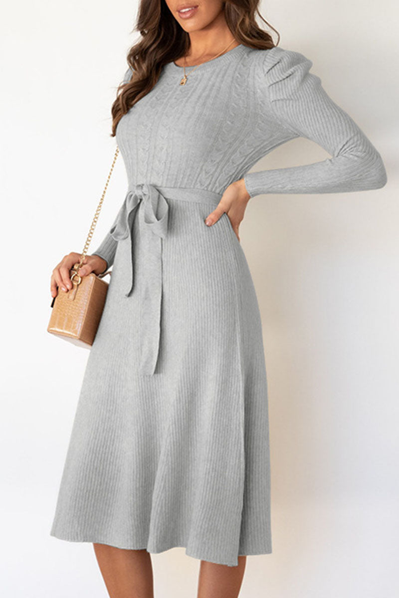 Women's Knit Midi Dress - Ribbed Fabric - Long Sleeve - Waist Tie Flared Silhouette