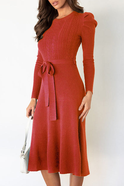 Women's Knit Midi Dress - Ribbed Fabric - Long Sleeve - Waist Tie Flared Silhouette