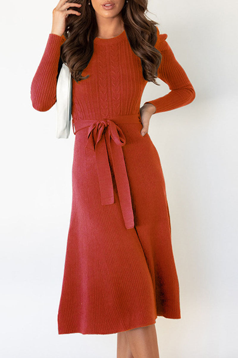 Women's Knit Midi Dress - Ribbed Fabric - Long Sleeve - Waist Tie Flared Silhouette