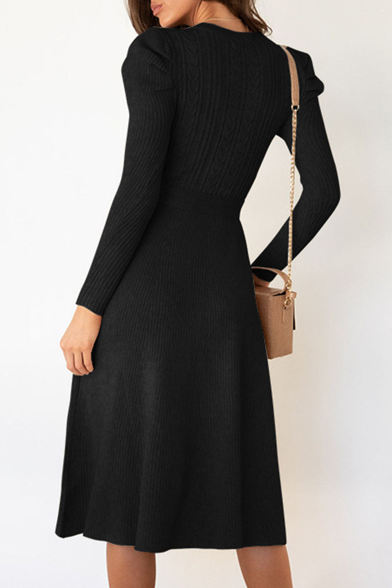 Women's Knit Midi Dress - Ribbed Fabric - Long Sleeve - Waist Tie Flared Silhouette