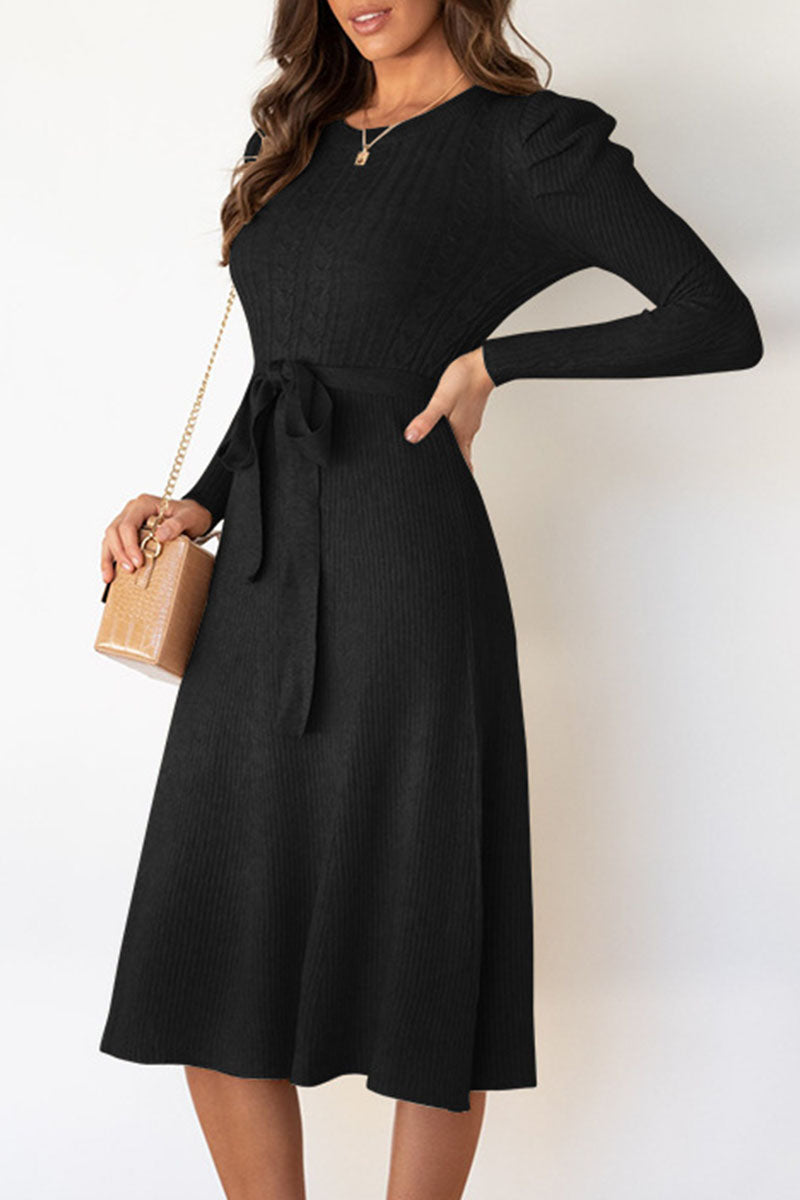 Women's Knit Midi Dress - Ribbed Fabric - Long Sleeve - Waist Tie Flared Silhouette