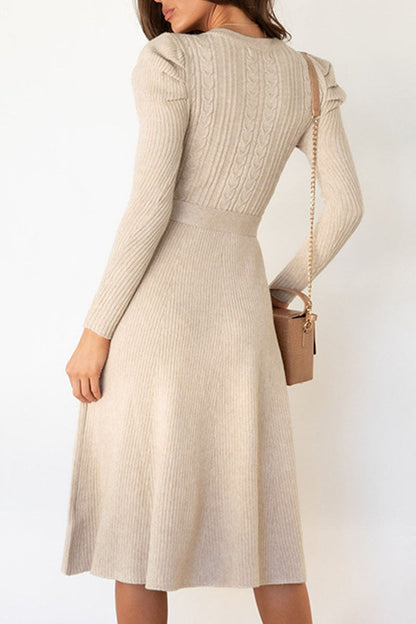 Women's Knit Midi Dress - Ribbed Fabric - Long Sleeve - Waist Tie Flared Silhouette