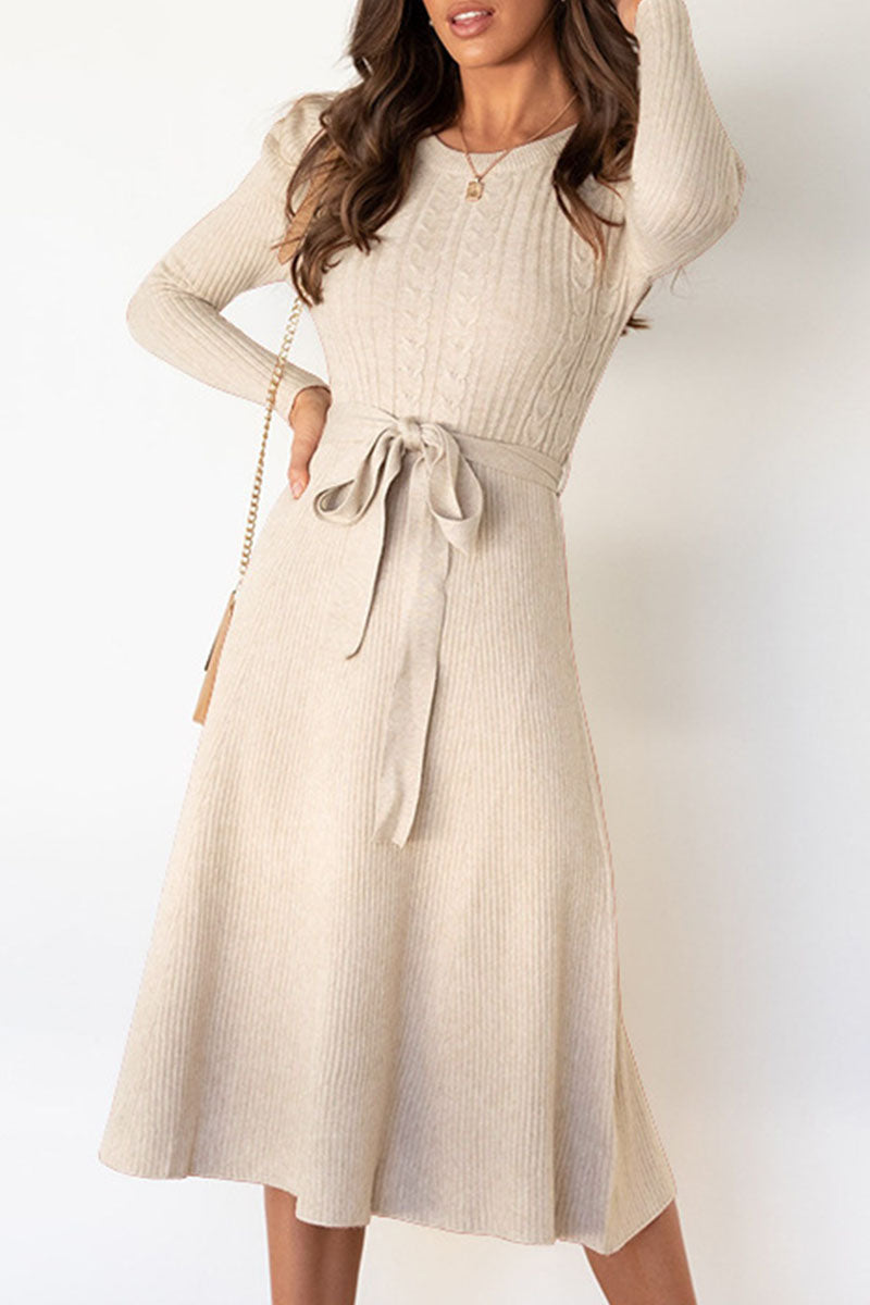Women's Knit Midi Dress - Ribbed Fabric - Long Sleeve - Waist Tie Flared Silhouette