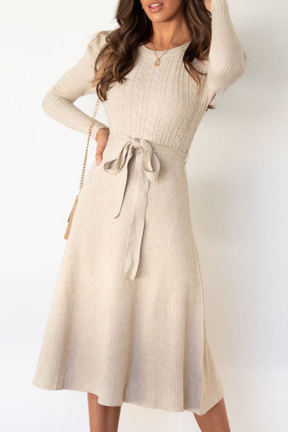 Women's Knit Midi Dress - Ribbed Fabric - Long Sleeve - Waist Tie Flared Silhouette
