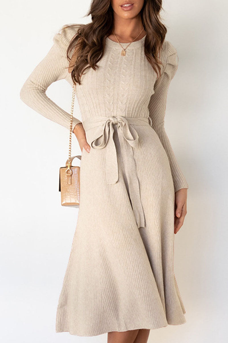 Women's Knit Midi Dress - Ribbed Fabric - Long Sleeve - Waist Tie Flared Silhouette