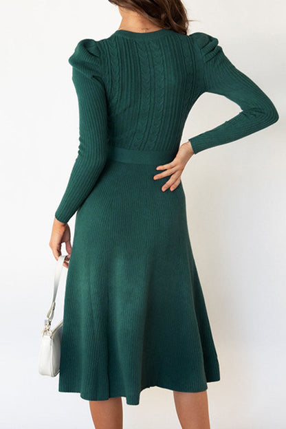 Women's Knit Midi Dress - Ribbed Fabric - Long Sleeve - Waist Tie Flared Silhouette