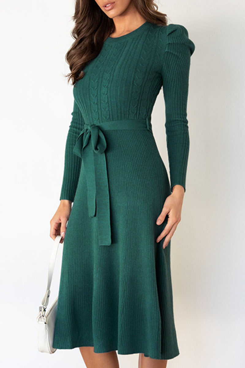 Women's Knit Midi Dress - Ribbed Fabric - Long Sleeve - Waist Tie Flared Silhouette