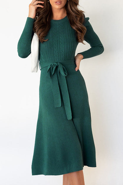 Women's Knit Midi Dress - Ribbed Fabric - Long Sleeve - Waist Tie Flared Silhouette