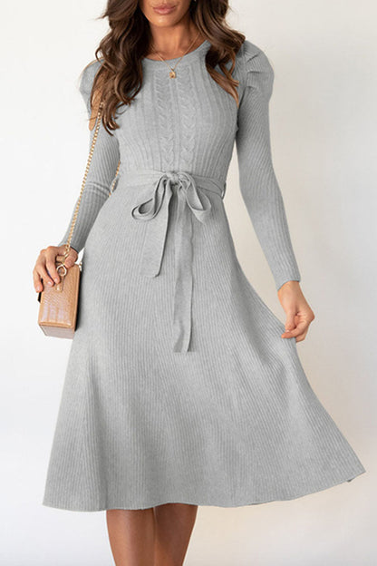 Women's Knit Midi Dress - Ribbed Fabric - Long Sleeve - Waist Tie Flared Silhouette