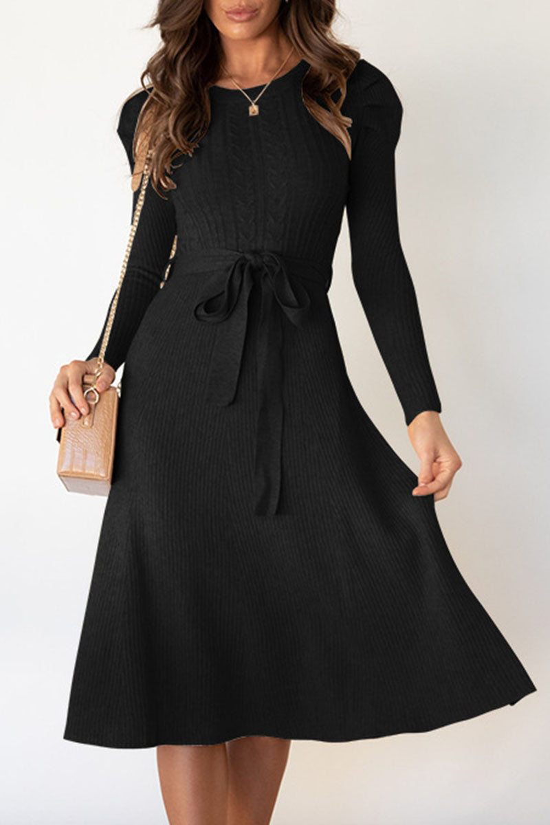Women's Knit Midi Dress - Ribbed Fabric - Long Sleeve - Waist Tie Flared Silhouette