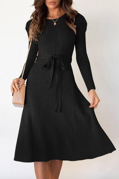 Women's Knit Midi Dress - Ribbed Fabric - Long Sleeve - Waist Tie Flared Silhouette