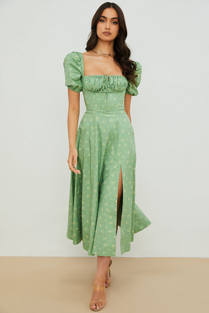 Women’s Midi Sundress – Cotton Blend – Ruched Bodice – Puff Sleeve – A-Line Fit