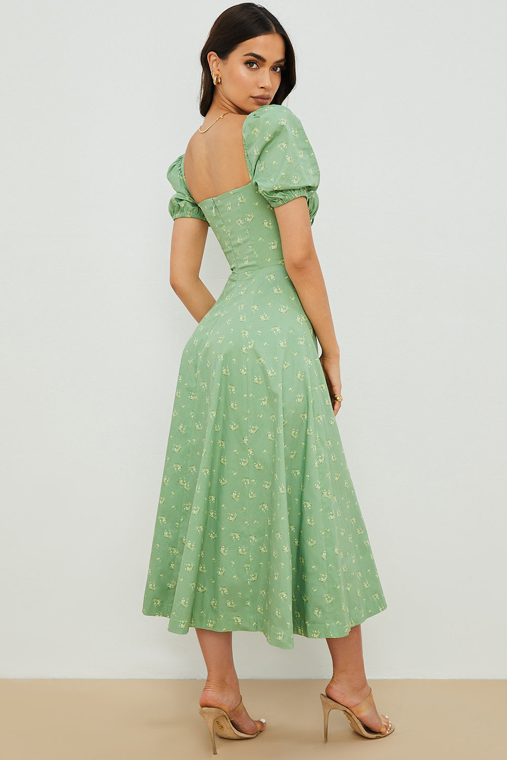 Women’s Midi Sundress – Cotton Blend – Ruched Bodice – Puff Sleeve – A-Line Fit