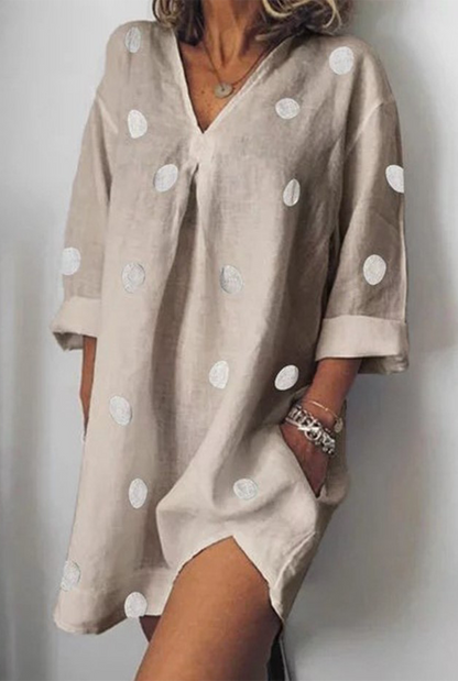 Women's Linen Tunic Dress - V-Neck - Relaxed Fit - 3/4 Sleeve Polka Dot Lightweight Fabric