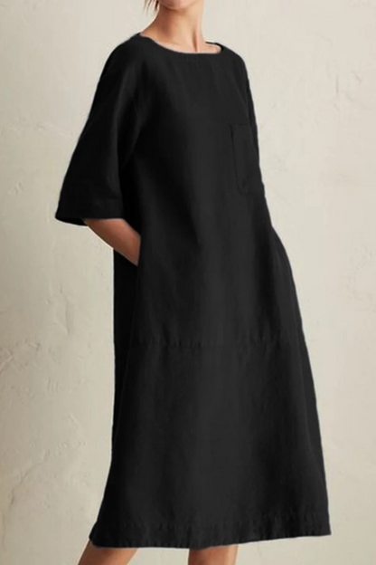 Women's Loose Dress - Knee-Length - 3/4 Sleeve - Round Neck - Breathable Cotton Linen