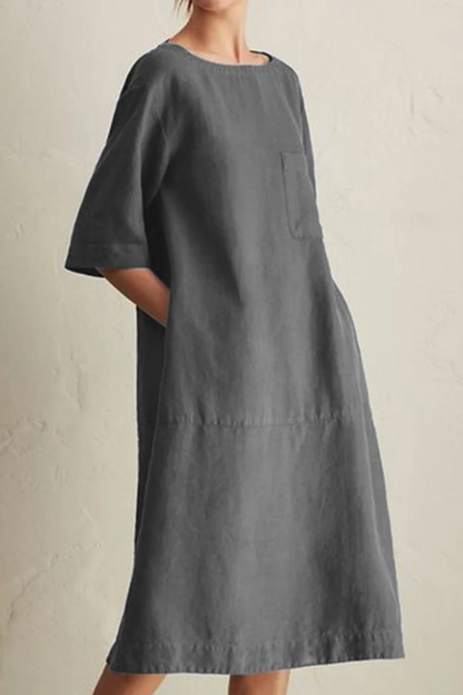 Women's Loose Dress - Knee-Length - 3/4 Sleeve - Round Neck - Breathable Cotton Linen