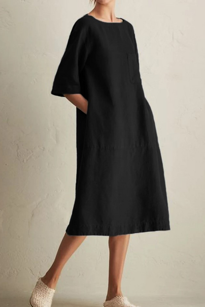 Women's Loose Dress - Knee-Length - 3/4 Sleeve - Round Neck - Breathable Cotton Linen