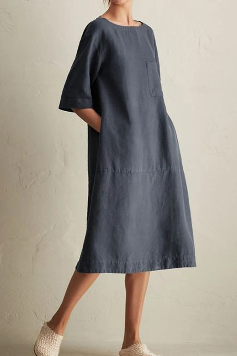 Women's Loose Dress - Knee-Length - 3/4 Sleeve - Round Neck - Breathable Cotton Linen