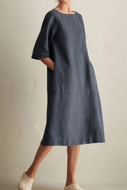 Women's Loose Dress - Knee-Length - 3/4 Sleeve - Round Neck - Breathable Cotton Linen