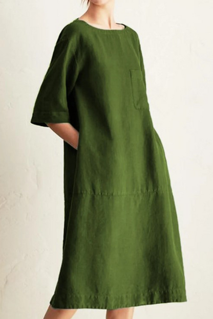 Women's Loose Dress - Knee-Length - 3/4 Sleeve - Round Neck - Breathable Cotton Linen