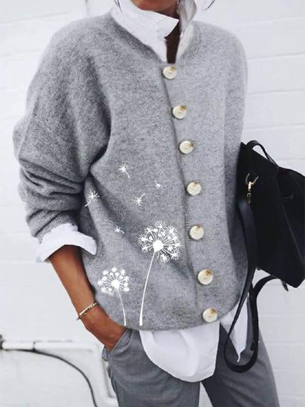 Button-up spring dandelion print cardigan for women