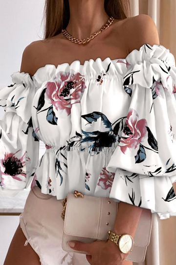 Grace - elegant print flounce off the shoulder top