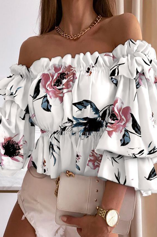 Elegant Print Flounce Off-The-Shoulder Top
