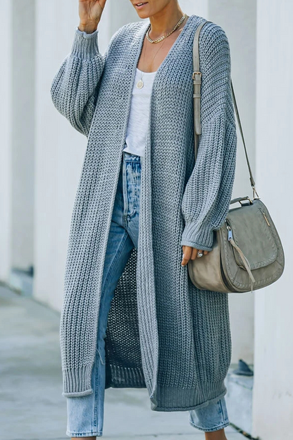 Women's Long Cardigan - Open Front Knit - Ribbed Cuffs & Hem - Casual Layering