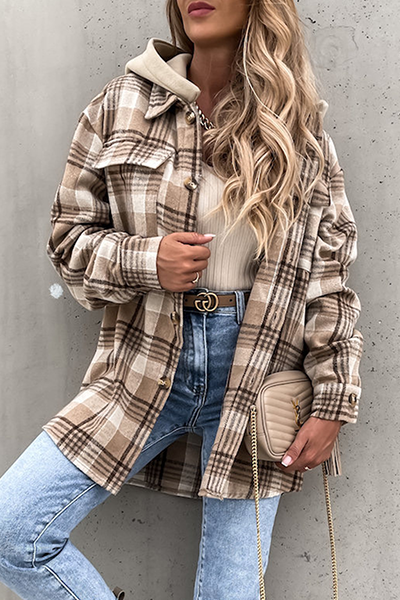 Vanna - casual plaid patchwork buckle hooded collar outerwear