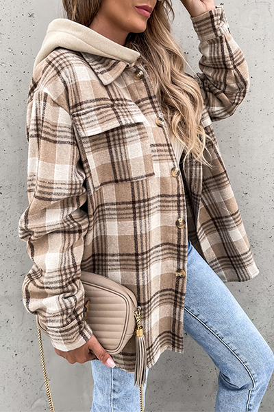 Vanna - casual plaid patchwork buckle hooded collar outerwear