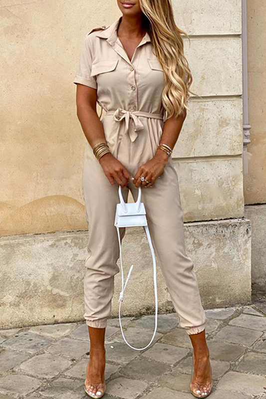 Belted Button-Up Tapered Leg Jumpsuit