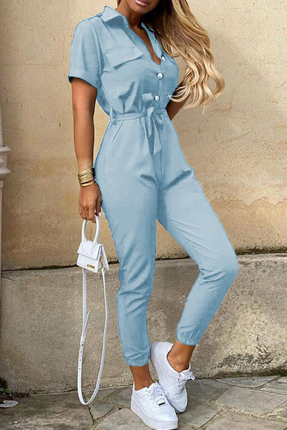 Women's Jumpsuit - Button-Up Collared Neck - Short Sleeve - Belted Waist - Tapered Leg