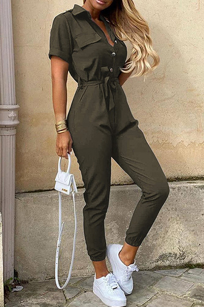 Women's Jumpsuit - Button-Up Collared Neck - Short Sleeve - Belted Waist - Tapered Leg